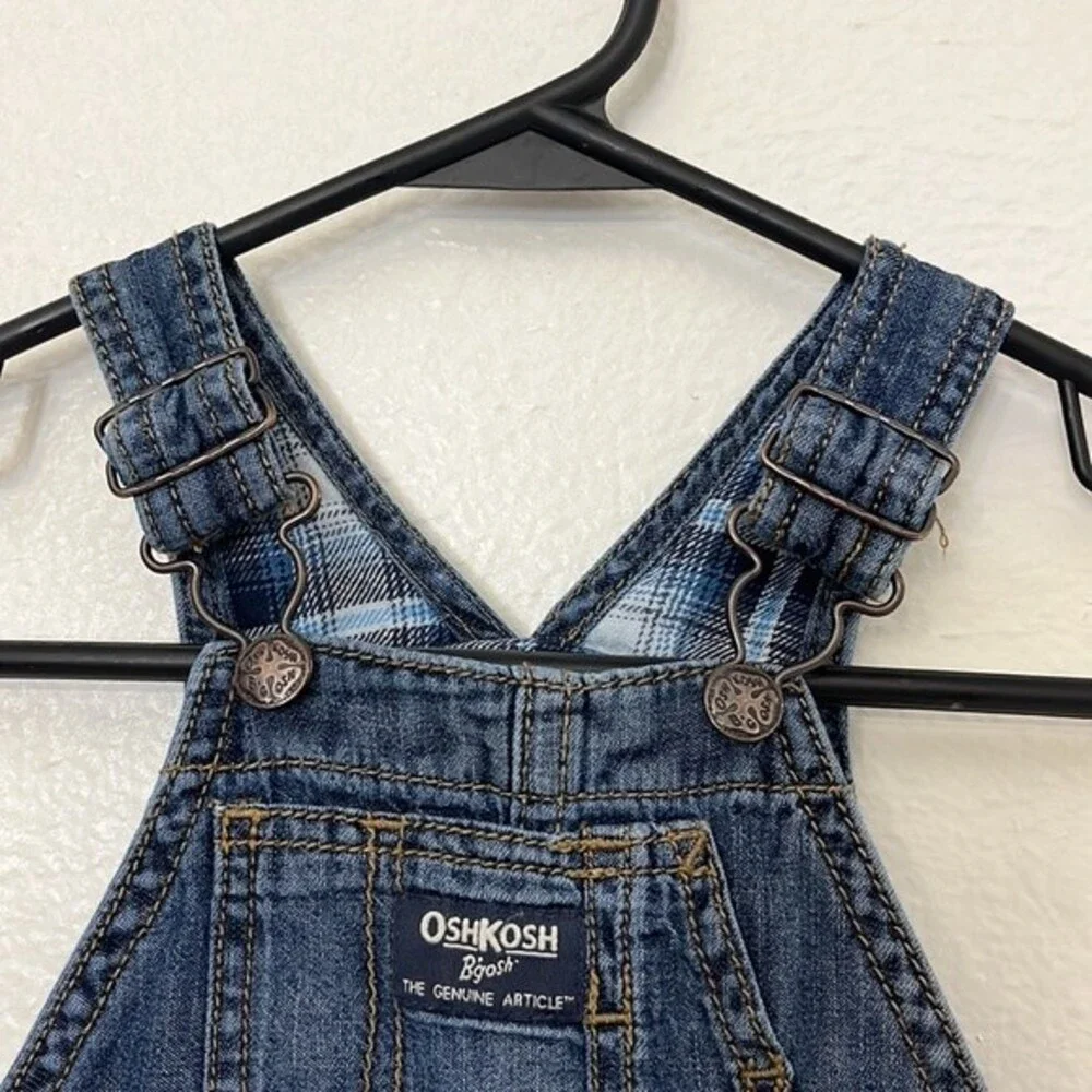 OshKosh B'Gosh Denim Toddler Overalls Denim Blue Plaid Lining 9 Months